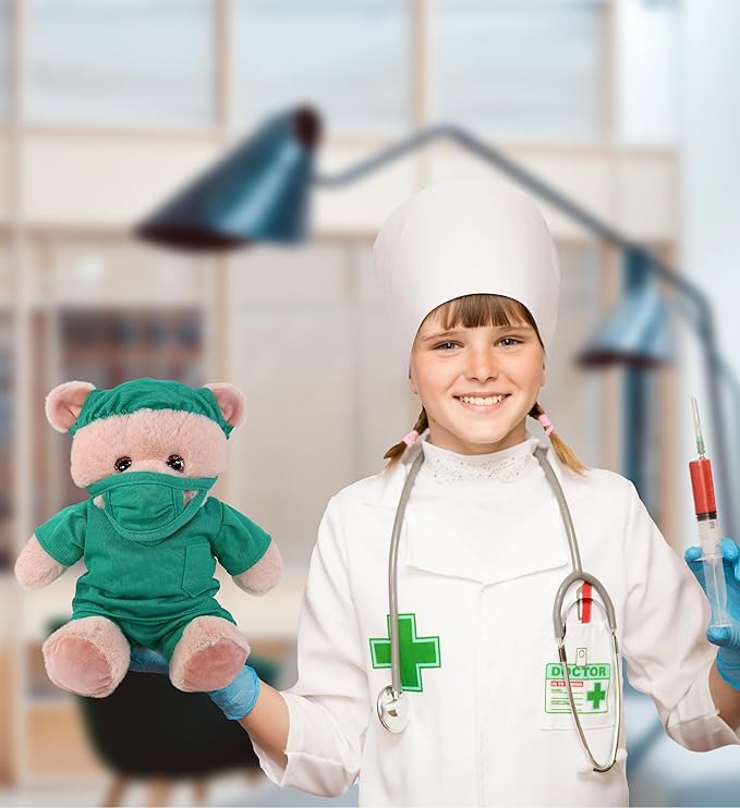 DolliBu Baby Pink Bear Doctor Plush Toy - Super Soft Bear Doctor Stuffed Animal Dress Up with Cute Scrub Uniform and Cap Outfit - Fluffy Doctor Toy Plush Gift with Personalization - 8 Inches