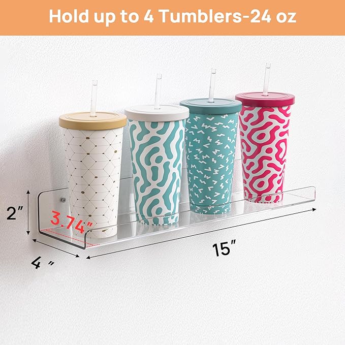 upsimples 2 Pcs 15" Acrylic Shelves for Wall Display and Storage, Clear | Transparent Design Highlights Skincare, Perfume, Easy-to-Find Versatile Floating Shelves for Bathroom, Bedroom and Playroom