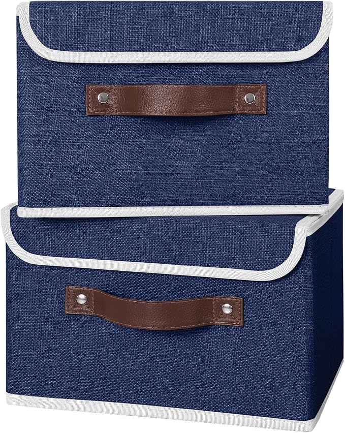 ANMINY Fabric Storage Box Bins with Lids, Blue, 10"x8"x7", 4 Pack | Keepsake Memory Storage, Cotton Linen, PP Board Reinforced, Washable, PU Handles, Foldable & Stackable, Decorative, Small