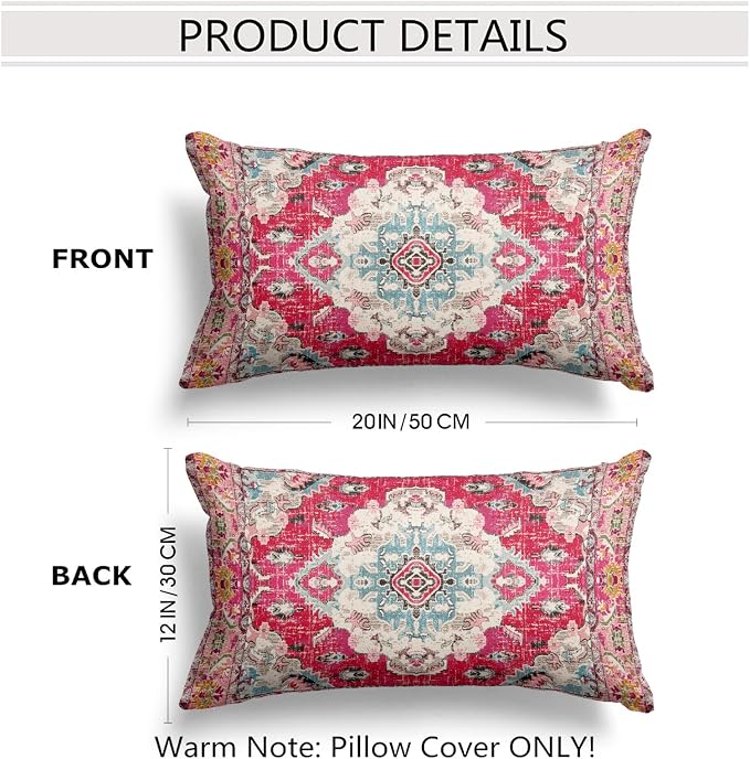 Snycler Boho Throw Pillow Covers 12x20 inch Set of 2 Boho Rug Carpet Double Sided Pattern Cotton Soft Pillow Case Cushion Cover Pillowcase for Couch Sofa Bed Decorative (Red)
