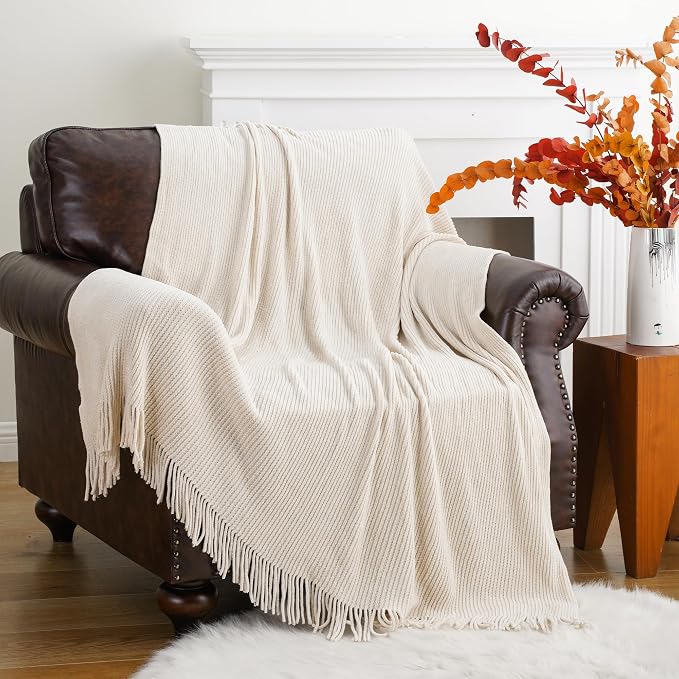 BATTILO HOME Beige Throw Blanket for Couch, Soft Chenille Knit Throws with Tassels for Home Decor, White Cream Throws for Bed Couch Cover, 60"x80"