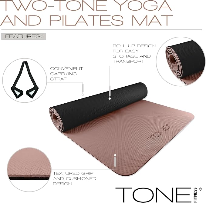 TONE Fitness Yoga Mat 1/4" Thick Non Slip Exercise & Pilates Mat for Home Workouts with Carrying Strap | Multiple Options