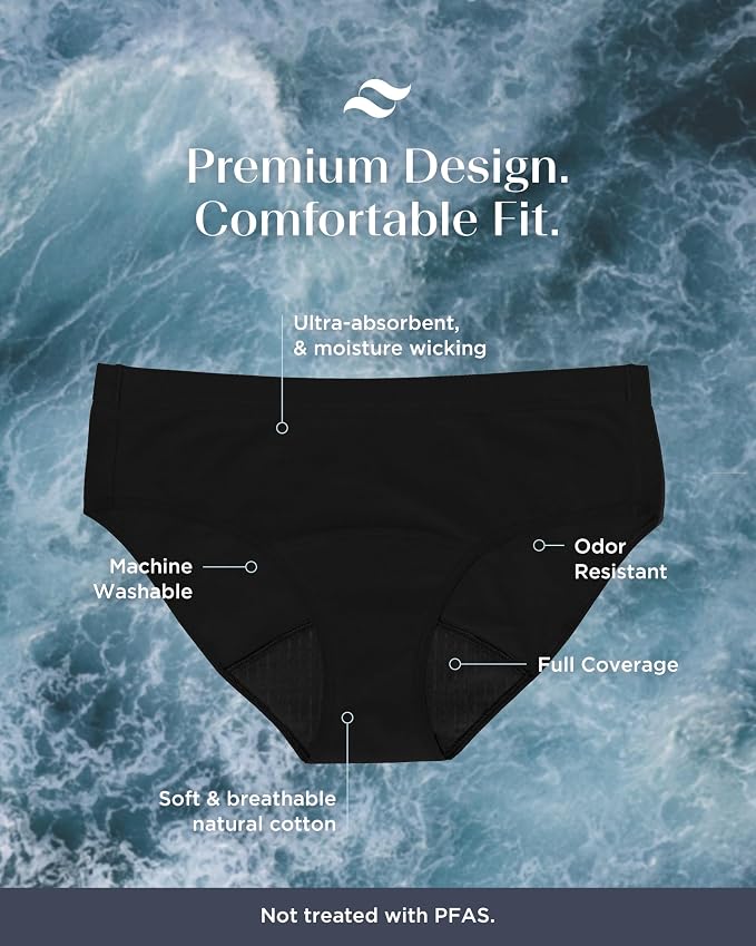 Saalt EveryWear Cotton Brief - Leakproof Period Underwear - Mid-Rise, Full Coverage Womens Underwear - Reusable & Washable - Replaces 3 Pads or 4 Tampons - X-Small, Volcanic Black