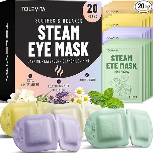 TOLEVITA Steam Eye Mask, 20 Pack Self-Heating Disposable Warm Eye Masks for Relaxation & Comfort, Lavender, Mint, Jasmine & Chamomile Aromas, Spa Sleep Mask, Travel Essentials