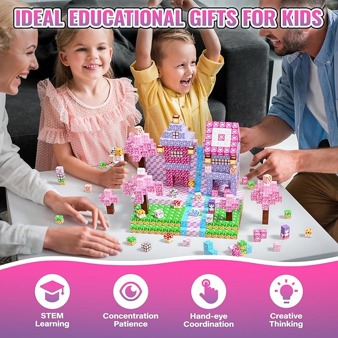 Magnetic Building Blocks Cubes: SETM Educational Toys for Girls Aged 3-12 - Pink 100 PCS, Birthday Gift, Pixel Blossom World