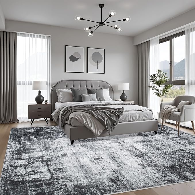 10x14 Area Rug Living Room Rug: Washable Modern Abstract Soft Thin Rug Indoor Floor No Slip Stain Resistant Carpet for Bedroom Dining Room Farmhouse Nursery Home Office - Dark-Black