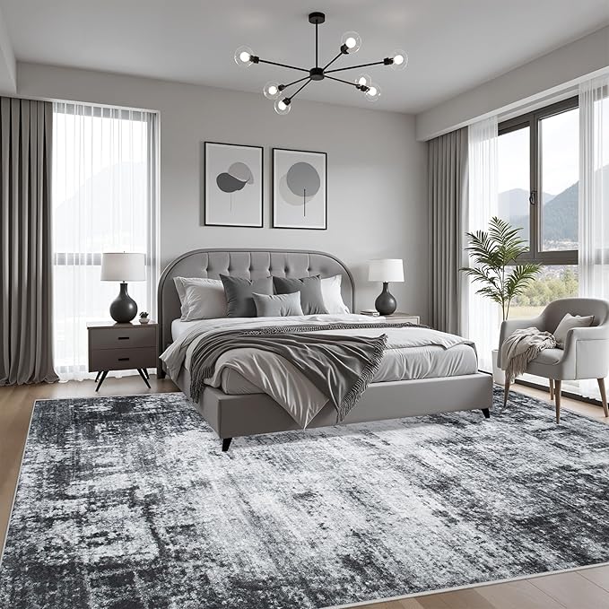 5x5 Area Rug Living Room Rug: Washable Modern Abstract Soft Thin Rug Indoor Floor No Slip Stain Resistant Carpet for Bedroom Dining Room Farmhouse Nursery Home Office - Dark Black