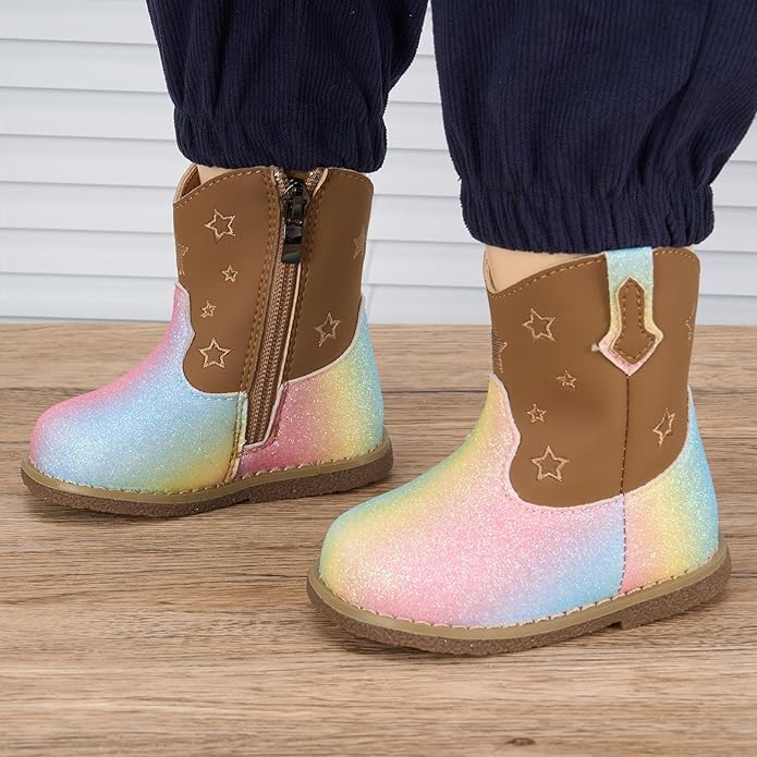 Newsonet Baby Cowboy Cowgirl Boots Infant Western Boots Toddler Boys Girls Round Toe Riding Mid Calf Boots All Seasons for 6 9 12 18 24 Months