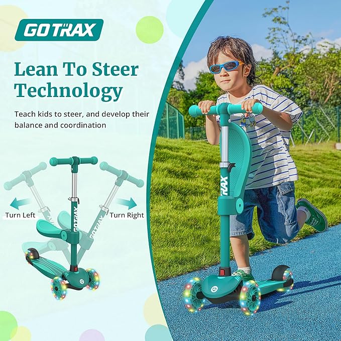 Gotrax KS3 Kids Kick Scooter, LED Lighted Wheels, Adjustable Height Handlebars and Removable Seat, Lean-to-Steer & Widen Anti-Slip Deck, 3 Wheel Scooter for Kids Ages 2-8 and up to 110 Lbs