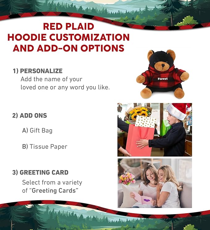 DolliBu Super Soft Black Bear Stuffed Animal with Plaid Red Hoodie Sweater and Personalization - Bear Plush Lumberjack Stuffed Toy with Plaid Jacket Dress Up for Christmas, Holiday, Winter - 6 Inches