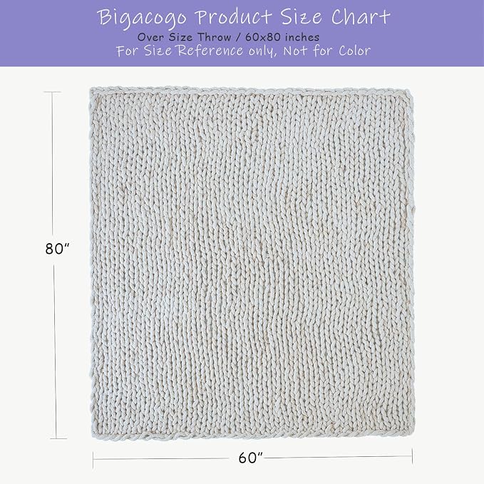 Bigacogo Chunky Knit Throw Blanket for Couch, 60x80 inches, Ivory | Hand Knit with Jumbo Chenille, Soft Breathable Cable Knit for Sofa Bed Living Room, Machine Washable, Gift for Mom Friend