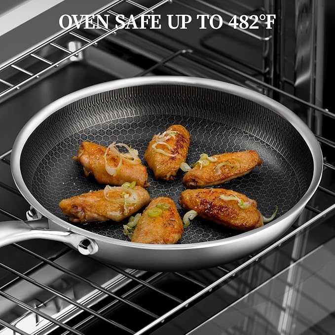 Stainless Steel Frying Pan with Lid - 9.5 Inch Nonstick Frying Pan with Lid, Honeycomb Stainless Steel Skillet Omelet Chef's Pan with Stay Cool Handle, Induction Compatible, PFOA Free | Honeycomb Hybrid Nonstick Skillet, Induction & Oven Safe, Stay-Coo...