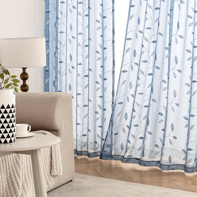 MIULEE Dusty Blue Sheer Curtains 2 Panels Embroidered Leaf Patterned Rod Pocket Floral Semi Sheer Faux Linen Window Curtains Drapes Set for Living Room Bedroom Dining Room, 52x96 Inches Long