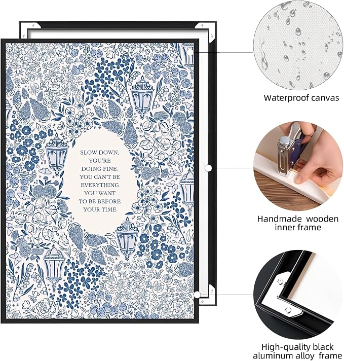 Slow Down You're Doing Fine Music Poster Motivational Song Lyric Blue Wall Art Vintage Positive Quote Daily Reminder Floral Canvas Print for Office Bedroom Home Decor 8x12inch Black Aluminum Frame