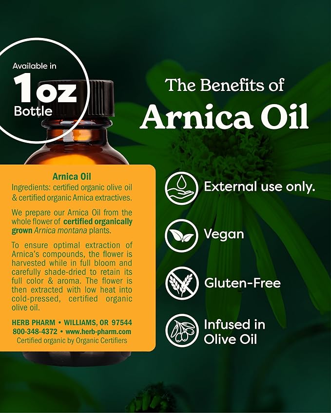 Herb Pharm Arnica Oil – USDA Organic Topical Herbal Oil for Face & Body, Whole Flower Arnica Extract for Massage & Skin Care, Non-GMO, Vegan, 1 fl oz