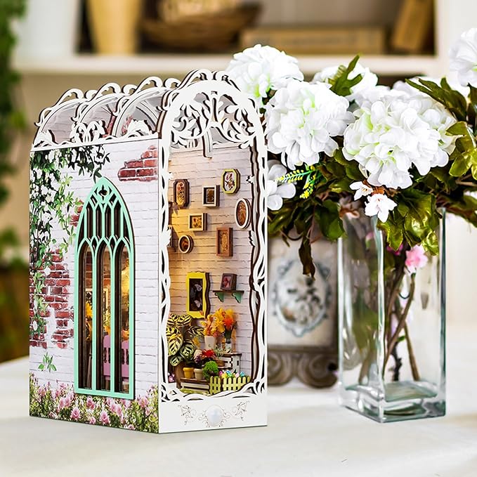 Foyucool Book Nook Kit - DIY Miniature Dollhouse Kits for Adults, Booknook Bookshelf Insert with LED Light, 3D Wooden Puzzle Bookend Insert, Hobbies Gifts for Family and Friends, Flower House