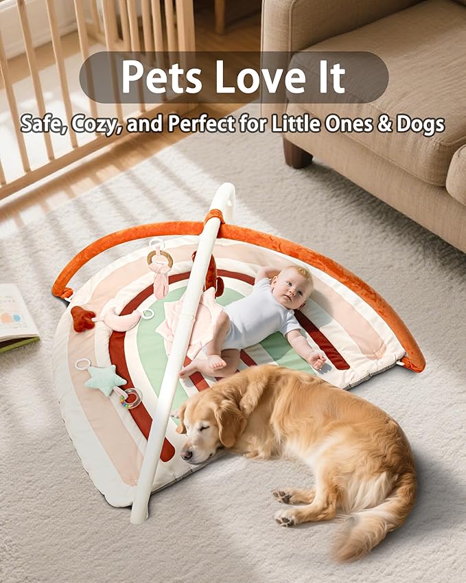 Baby Play Gym & Washable Activity Mat, Non Slip Bottom Tummy Time Mat with 5 Detachable Sensory Toys for Motor Skills, Newborn Infant Baby Essentials Shower Gift(Rainbow)