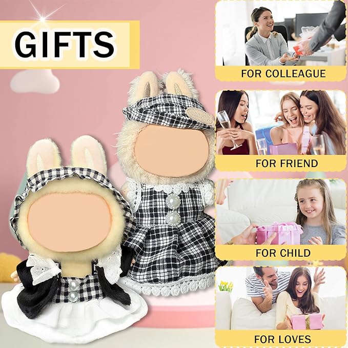 Doll Clothes for Labubu,Cute Outfit for 17cm Doll Clothe 2/3PCS Clothes and Hats Stylish Dolls Clothe for 17 cm Labubu,Casual Style Costumes for Labubu Dolls (Black White Skirt Set)