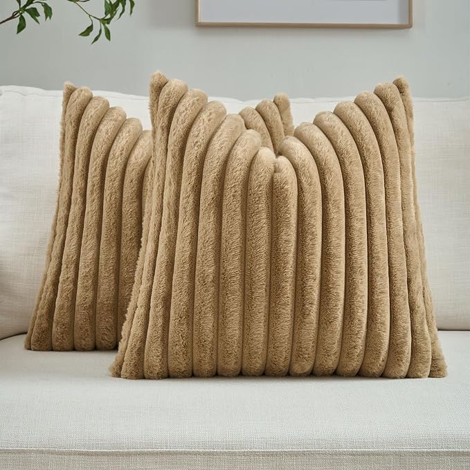 FUTEI Pack of 2 Faux Fur Throw Pillow Covers 16x16 Inch, Camel | Fluffy Faux Rabbit Fur Front/Premium Velvet Back,Hidden Zipper,Machine Washable,Non-Shedding,Colorfast,Insert Not Included.