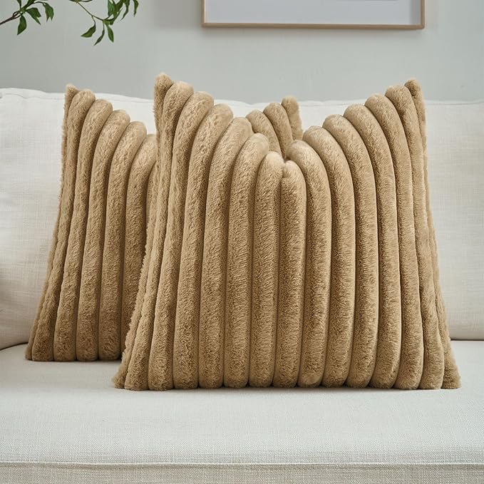 FUTEI Pack of 2 Faux Fur Throw Pillow Covers 22x22 Inch, Camel | Fluffy Faux Rabbit Fur Front/Premium Velvet Back,Hidden Zipper,Machine Washable,Non-Shedding,Colorfast,Insert Not Included.
