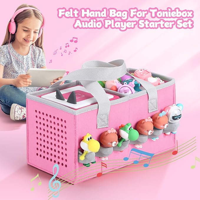 Carrying case for Toniebox Audio Player and Figurines Starter Set,Felt Organizer Bag,Travel for toniebox 2 Earphone and charger accessories portable bag (Pink)