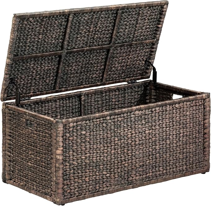 Wicker Storage Trunk, Brown Wash, 42x20x18.5 | 2 Safety Hinges, Metal Frame, Heavy-duty, Water Hyacinth