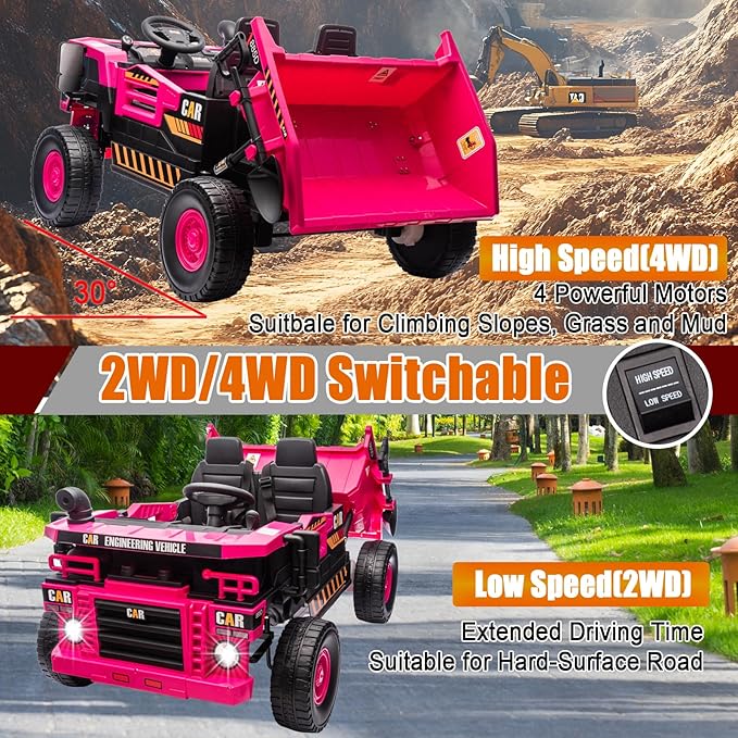 POSTACK 24V 8Ah Ride on Tor for Toddlers, 4WD Power 4 Wheels Electric Ride on Dump Truck, 2 Seater Kids Ride on Car w/Parent Remote Control, Music Bluetooth Shovel, Up to 5MPH, Pink
