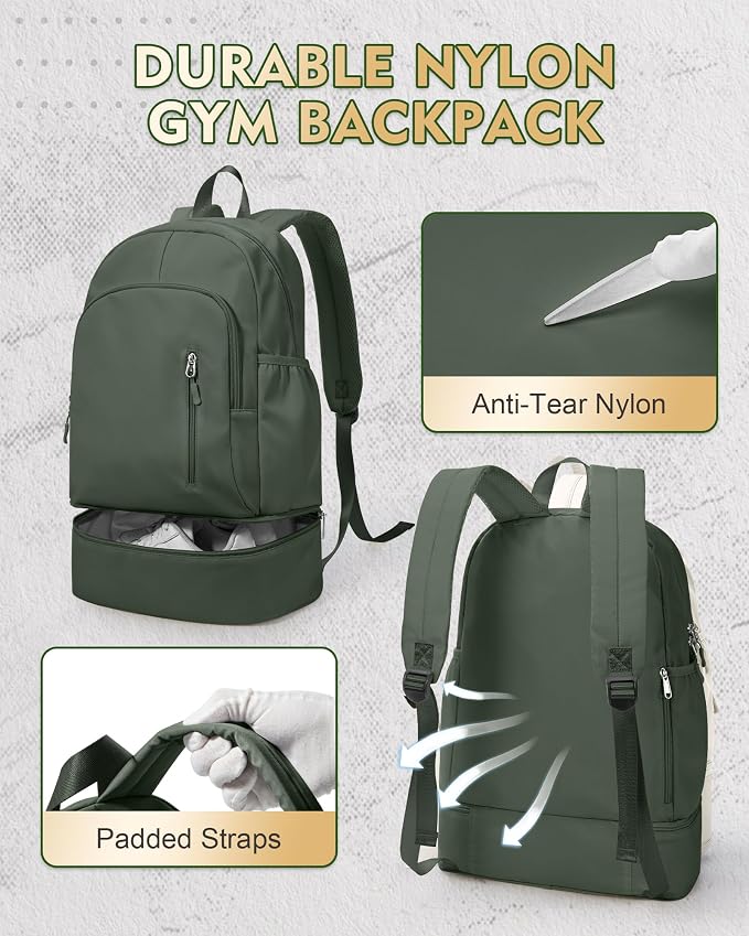 Gym Backpack for Women Men, Lightweight Gym Bag with Shoe Compartment, Waterproof Sports Backpack with Wet Pocket, Green