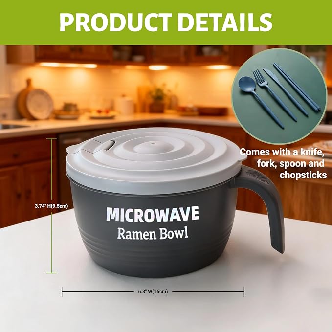 Layron Large Ramen Bowl Set, Ramen Noodle Bowls Microwavable 45 oz, Ramen Cooker, Microwave Pasta Cooker, Ramen Bowl Microwave Gift for College Male Female Dorm Room (grey)
