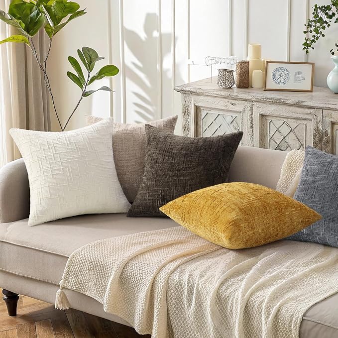 decorUhome Textured Chenille Throw Pillow Covers 20x20 Set of 2 Dark Brown | Fall Modern Farmhouse Soft Cozy Slubby Couch Pillow Cases Boho Decorative Pillow Cases for Bed Sofa Living Room Home Decor