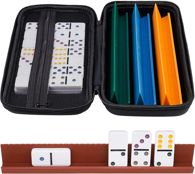 Double 6 Dominos Set for Adults with 28 Tiles 2x1x0.28 Inches & 4 Silicone Domino Racks 10x1.18x1.18 Inches (Large-1)