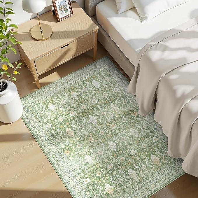 3x5 Area Rugs for Entryway, Non-Slip Washable Rug for Kitchen, Light Green | Low Pile Soft Small Rugs, Vintage-Style Carpet for Bathroom Bedroom Tool Room, Stain Resistant, Low Pile, Distressed Rug