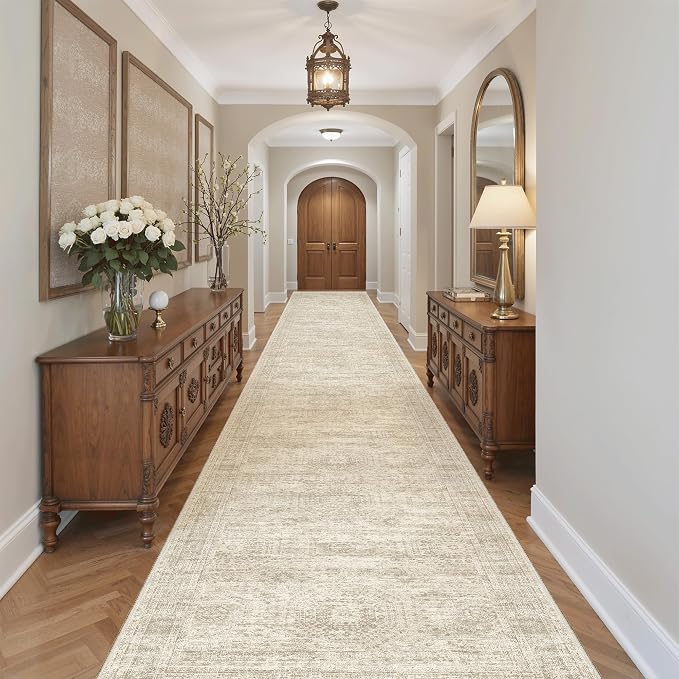 Soalmost Washable 3x20 Hallway Runner Rug Non-Slip Kitchen Entry Rugs Beige | Vintage Extra Long Runners 20ft for Bathroom Entryway, Foldable Low-Pile Wide Floor Carpet for Corridor Living Room Bedroom