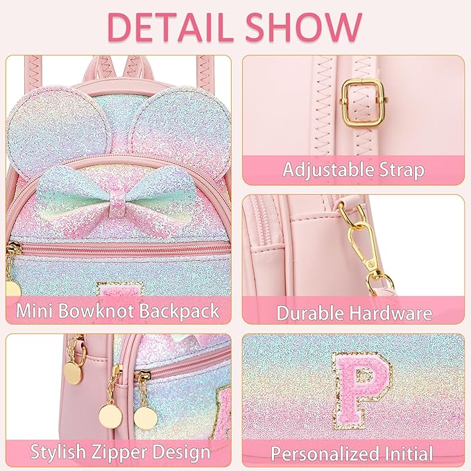 KKXIU Initial Bowknot Mini Backpacks for Girls Women, Small Cute Backpack Purse, Personalized Valentines Day Gifts for Toddler, Kids and Teen Girls(P, Rainbow)