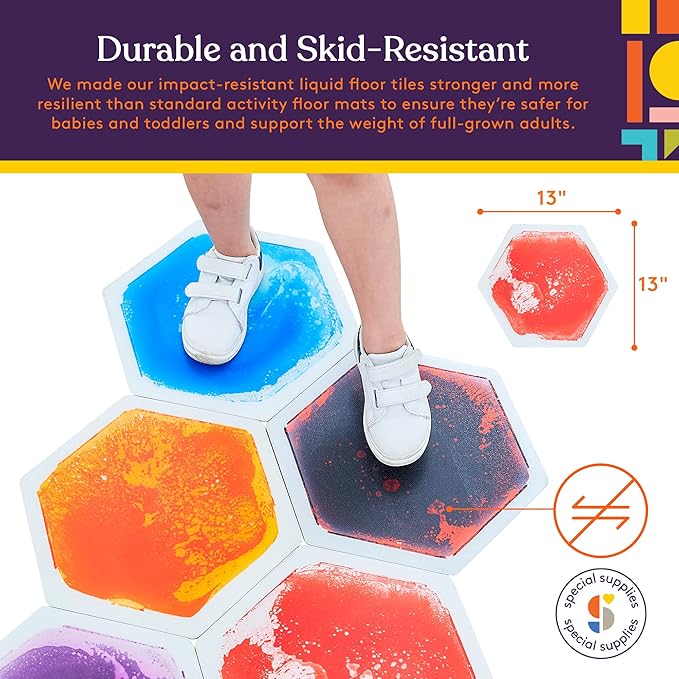 Special Supplies Hexagon Floor Liquid Tiles for Kids, Set of 9, Colorful Early Learning Activity Mats for Toddlers and Children, Anti-Slip Backing for Active Play, Dance, and Games