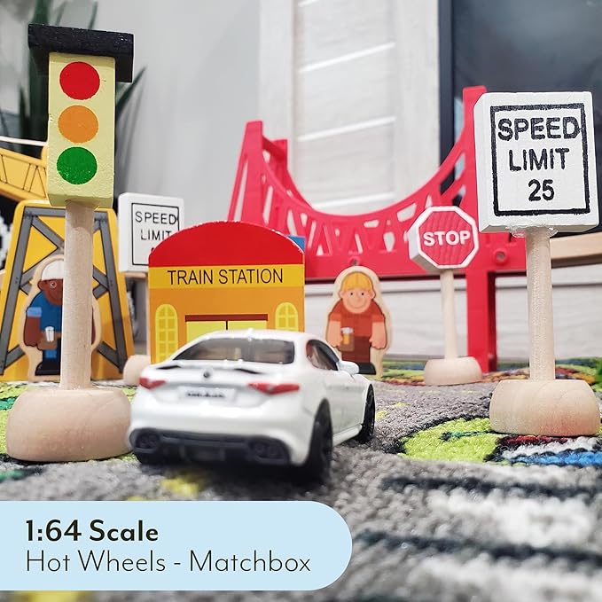 Kids Wooden Street Signs Playset (14-Piece Set), Wood Traffic Signs Perfect for Car & Train Set