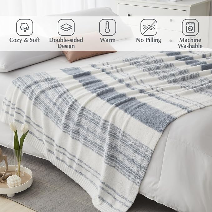 Soft Twin Blanket for Bed-Cozy Warm Reversible Knitted Blankets | Lightweight Fluffy Decor for Women, Mom, Her & Girls, Sofa, Chair, Couch, 60x80in, Grey Blue Stripe