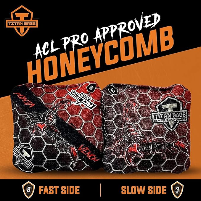Titan Bags Venom Cornhole Bags - 6" x 6" ACL PRO Approved Cornhole Bean Bags for Tournaments - Versatile & Durable Regulation Cornhole Bags Ideal for Indoor/Outdoor Toss Sports & Games (4 Pack)