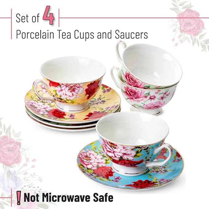 BTaT- Floral Tea Cups and Saucers Set of 4 (8 oz), Porcelain Tea Cup Sets with Gold Trim & Gift Box, Dishwasher & Freezer Safe