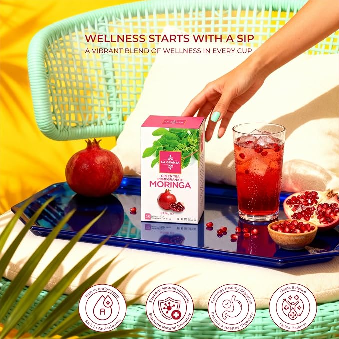 Life Plus Style Gourmet La Granja Green Tea Pomegranate Moringa Tea 25 Individually Wrapped Tea Bags Green Tea with Moringa Hibiscus and Pomegranate Herbal Blend