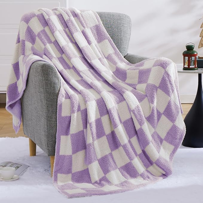 Soft Checkered Throw Blanket for Couch-Cozy Warm Knitted Blankets | Lightweight Warm Fluffy Decor for Women, Mom, Her & Girls, Sofa, Chair, Bed, 50x70in, Purple
