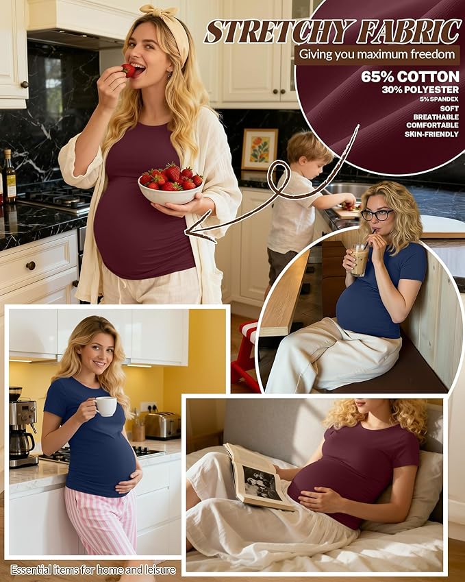 Huukeay 4 Pack Women's Maternity Shirts, Crew Neck Maternity Top Short Sleeve Casual Cotton Tee Side Ruched Pregnancy Clothes
