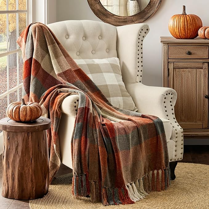 Plaid Chenille Fall Throw Blanket, 50"x60", Harvest Orange Plaid | Super Soft Knit Throw with Tassels, Cozy, Decorative Rustic Farmhouse Decor for Autumn, Ideal for Couch Bed Sofa Gift