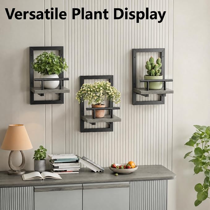 Sbosbo Floating Shelves for Wall Plant Shelf Indoor Wall Mounted Shelves | Wall Planters for Indoor Floating Plant Shelves for Bedroom, Living Room, Kitchen, Office, Bathroom Decor (Grey, 2 Pack)
