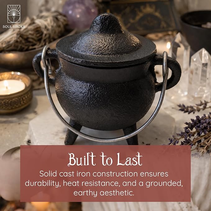 Reusable 4-Inch Cast Iron Cauldron Candle with Lid and Hanging Handle | Ritual & Aromatherapy Candle for Spell Casting, Smudging, Home Cleansing | Herb-Infused with Essential Oils (Sandalwood)