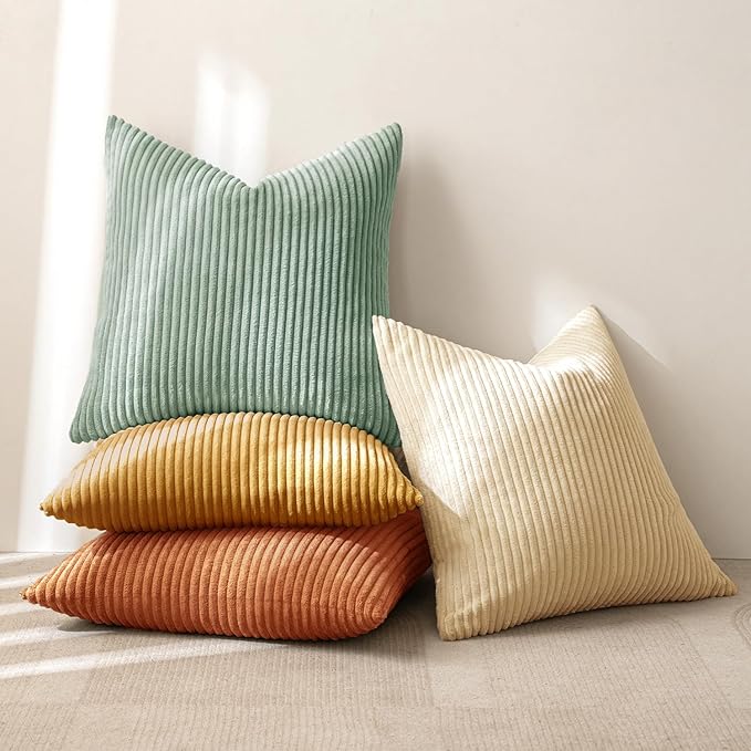MIULEE Soft Corduroy Decorative Throw Pillow Covers Orange Teal 20x20 | Set of 4, Mordern Rustic Home Decor, Retro Vintage Set, Boho Farmhouse Cushion Covers for Couch Bed Sofa Living Room