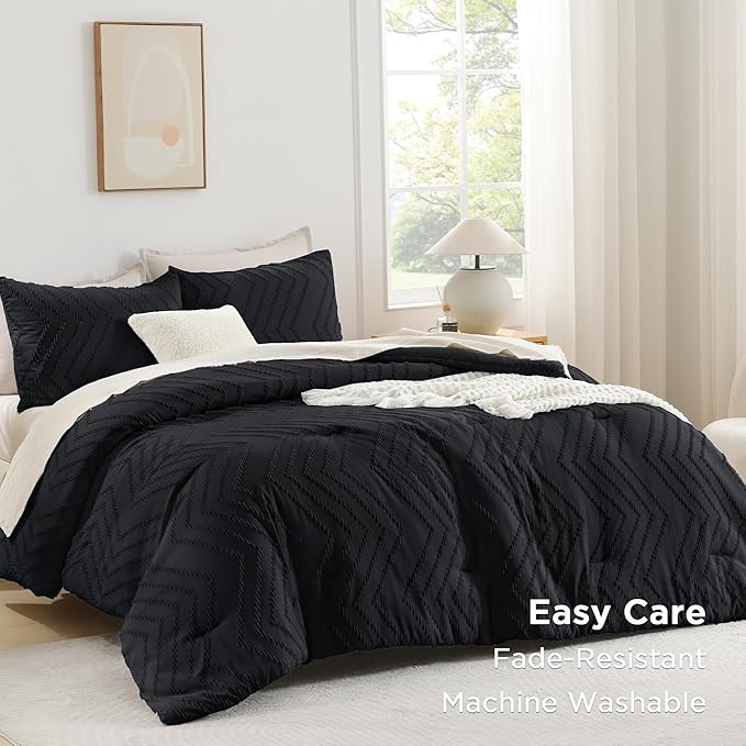 Andency Black California King Comforter Set, Boho Cal King Soft Warm Tufted Neutral Bedding Comforter Sets, 3 Pieces Cali King Aesthetic Chevron Farmhouse Cute Bohemian Textured Bedding Set