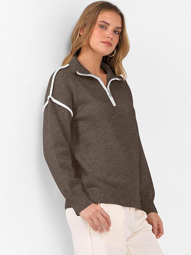 ANRABESS Womens Quarter Zip Sweaters Fall Long Sleeve V Neck Shirts Collared Business Casual Tops Knit Pullover Sweatshirts