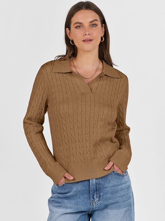 ANRABESS Womens Cable Knit Sweaters Long Sleeve V Neck | Pullover Collared Sweater Tops, Polo Knit Shirts, Business Casual Work, Tennis Golf, Fall Winter Fashion Outfits