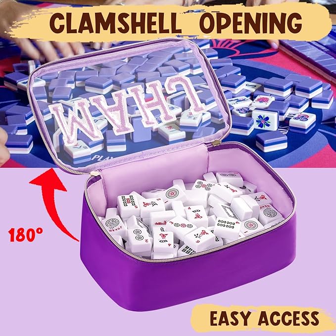 Mahjong Tiles Bag,Empty Thickened American Mahjong Bag with Zipper Suitable for 1.2"(30mm) Standard Size Waterproof Mahjong Storage Case Accessories Gifts for Game Lover Travel Women(MAHJ,Purple)